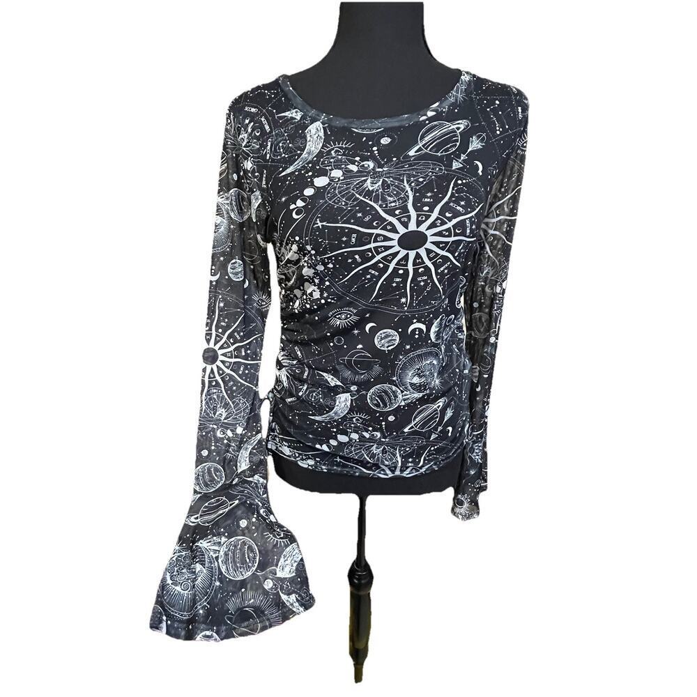 Rebellious Dreamer Y2K Sheer Mesh Top Sz M Black Celestial Whimsigoth Ethereal